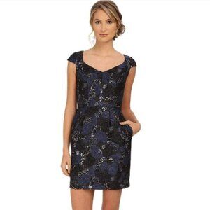 Aidan Mattox Formal Blue Black White Floral‎ Metallic Jacquard Dress Size 0